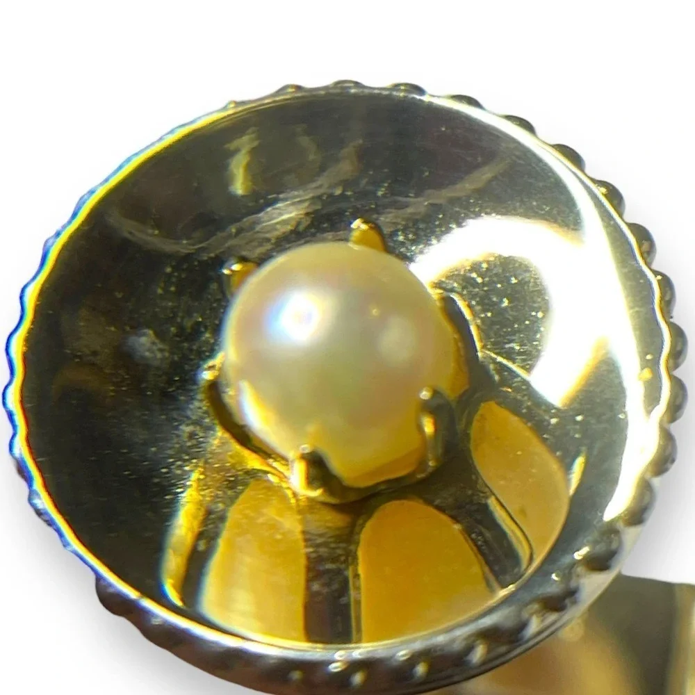 Vintage Gold Tone Imitation Pearl Cufflinks Prong Set Bead Edge Locking